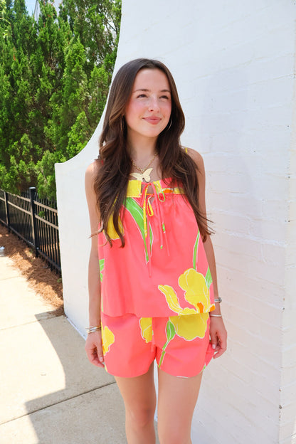 Coral Floral Tie Front Top and Shorts Set