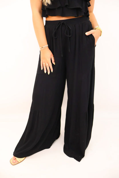 Ruffle Top and Flowy Pants Set - Black