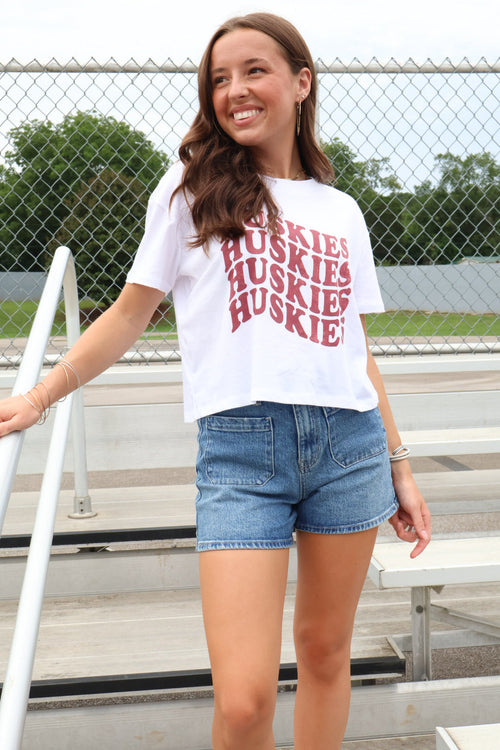 Wavy Huskies Crop Tee - White