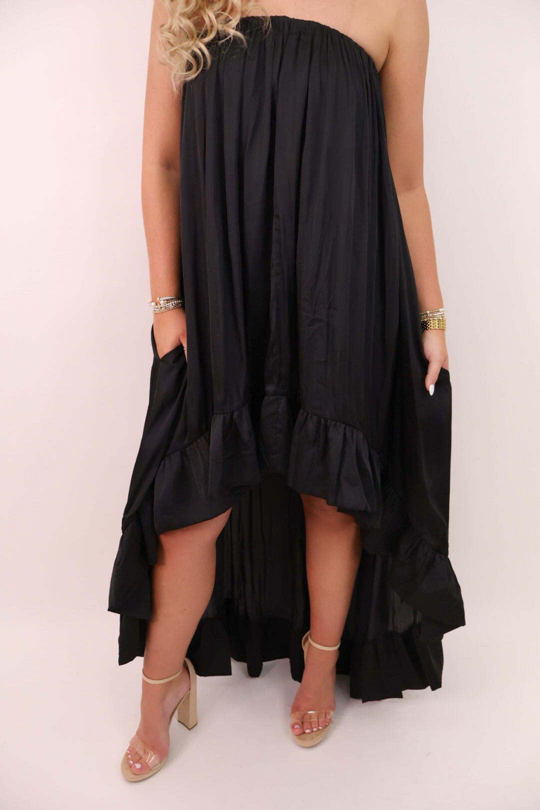 Satin Strapless High-Low Maxi Dress - Black