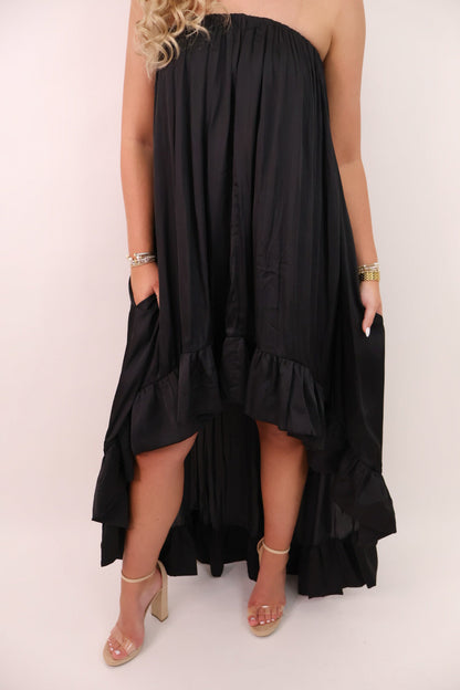 Satin Strapless High-Low Maxi Dress - Black