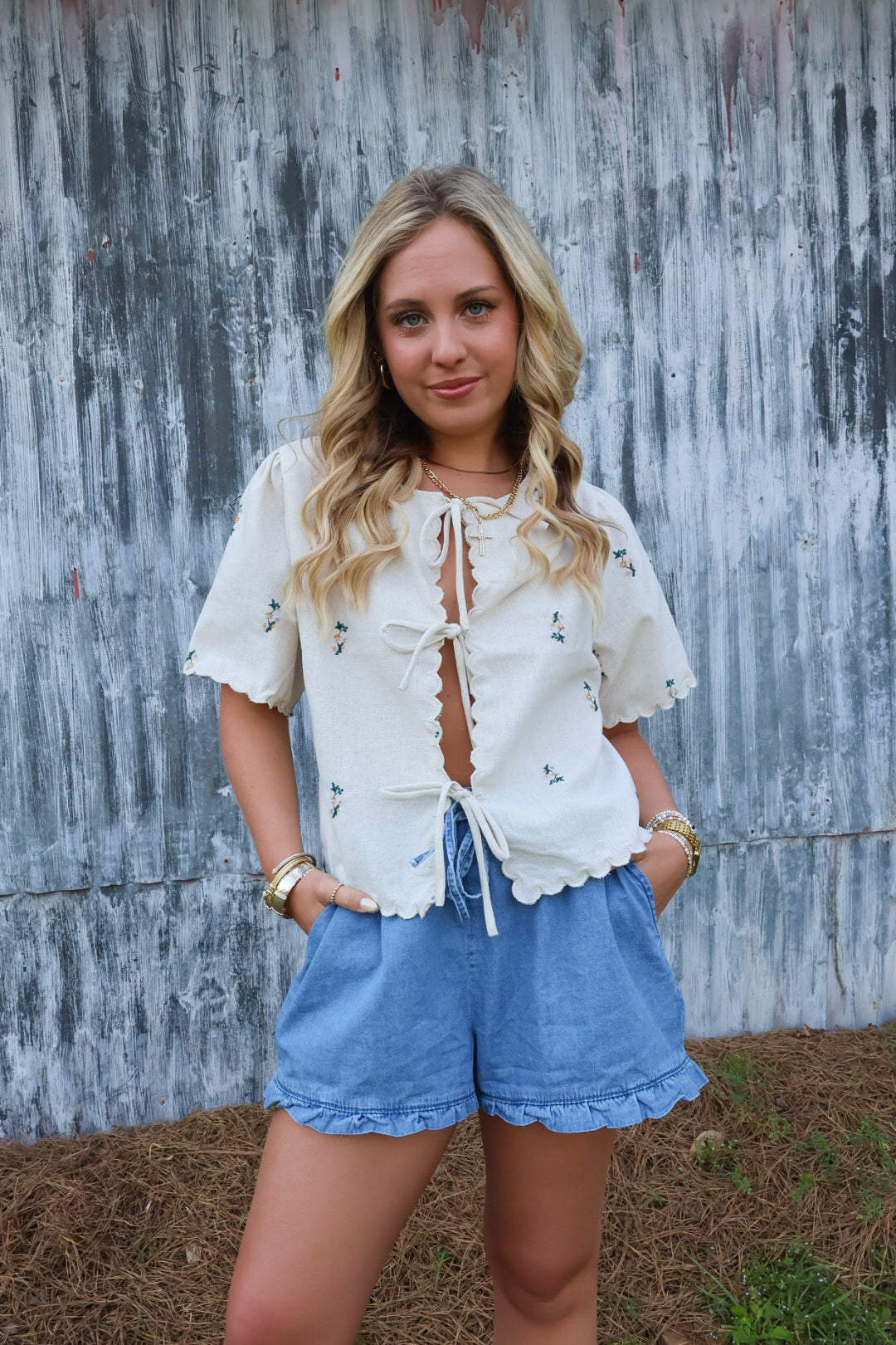 Chambray Denim Ruffle Shorts