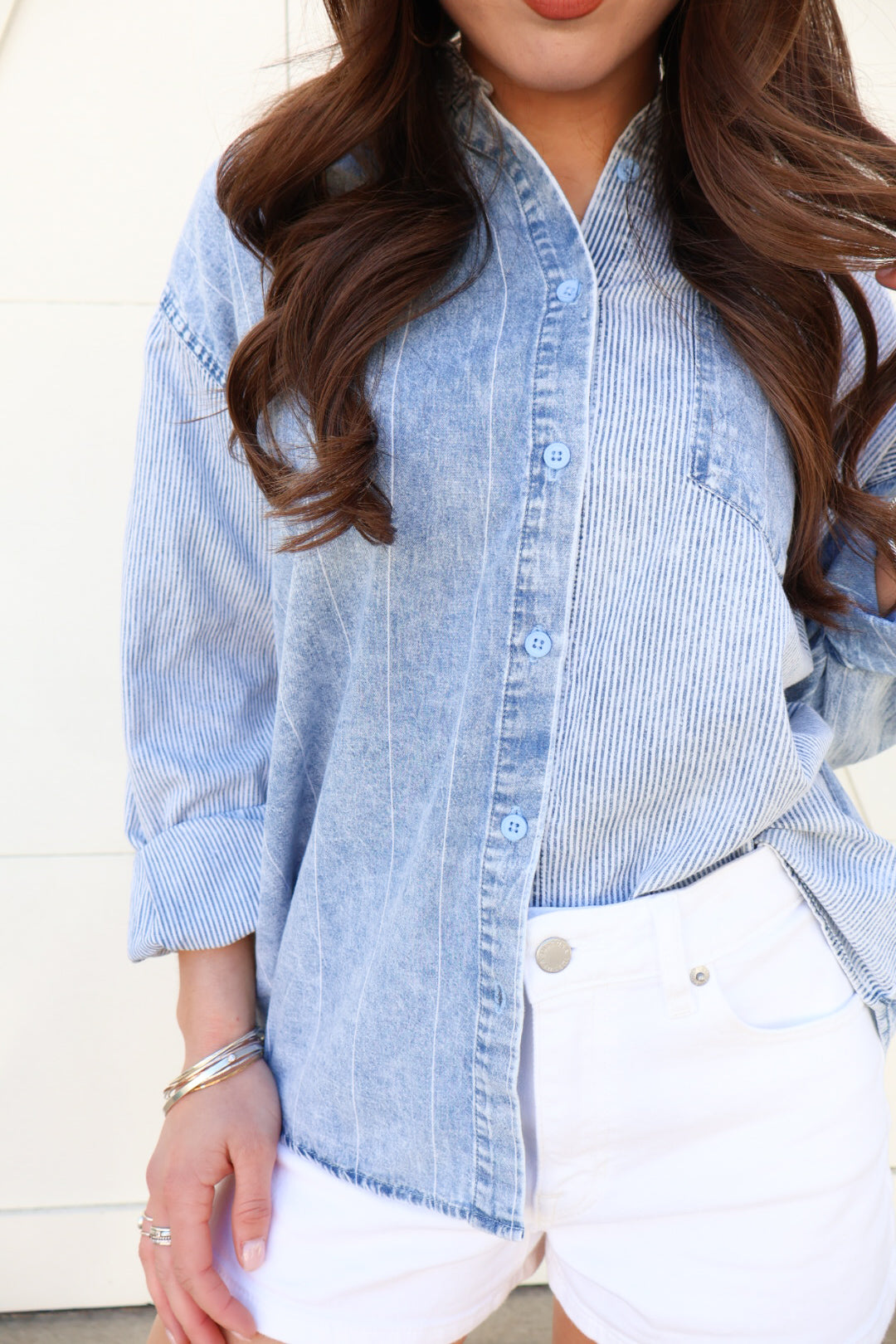 Mixed Stripe Denim Button Down Top