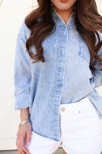 Mixed Stripe Denim Button Down Top