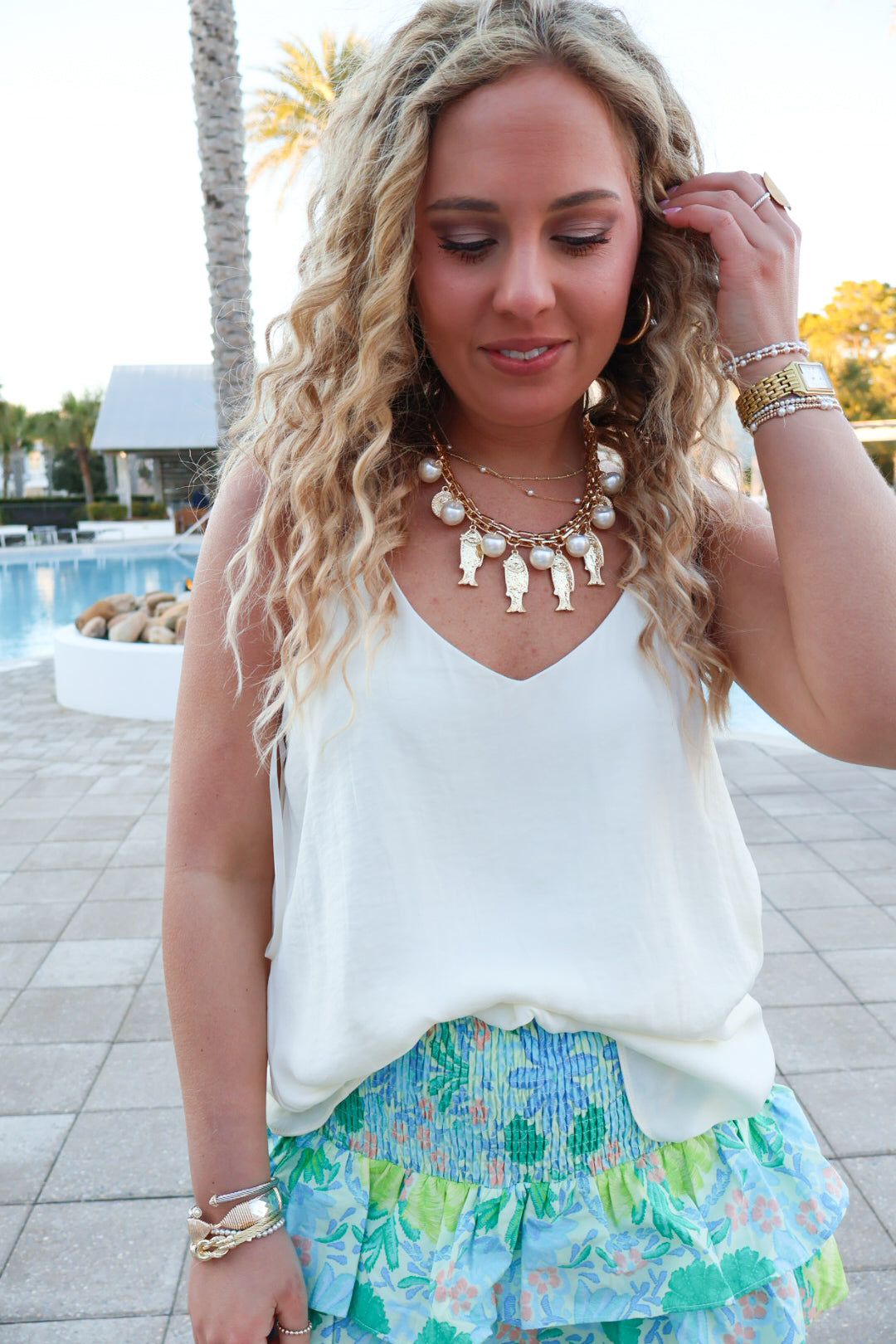 V-Neck Beaded Strap Tank Top
- Ivory