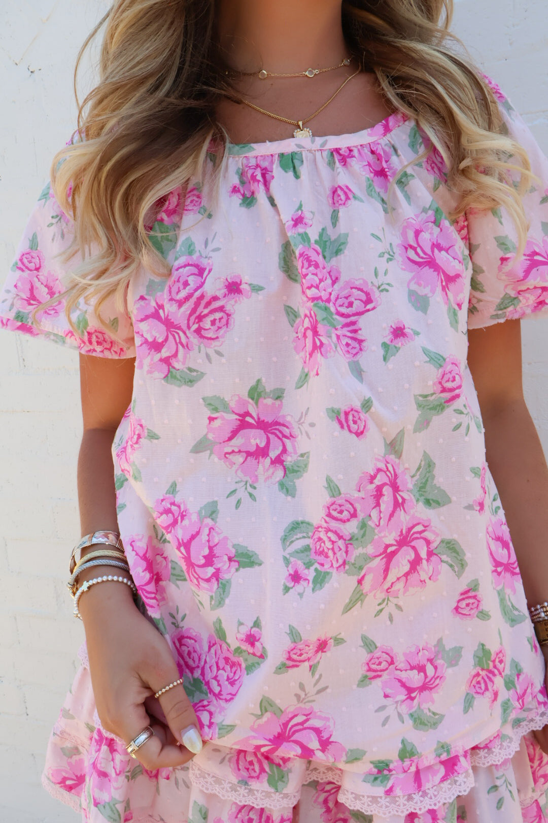 Pink Floral Tiered Skirt Set