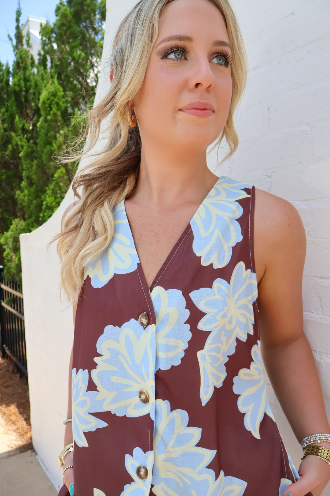 Chocolate Brown and Blue Floral Vest and Shorts Set