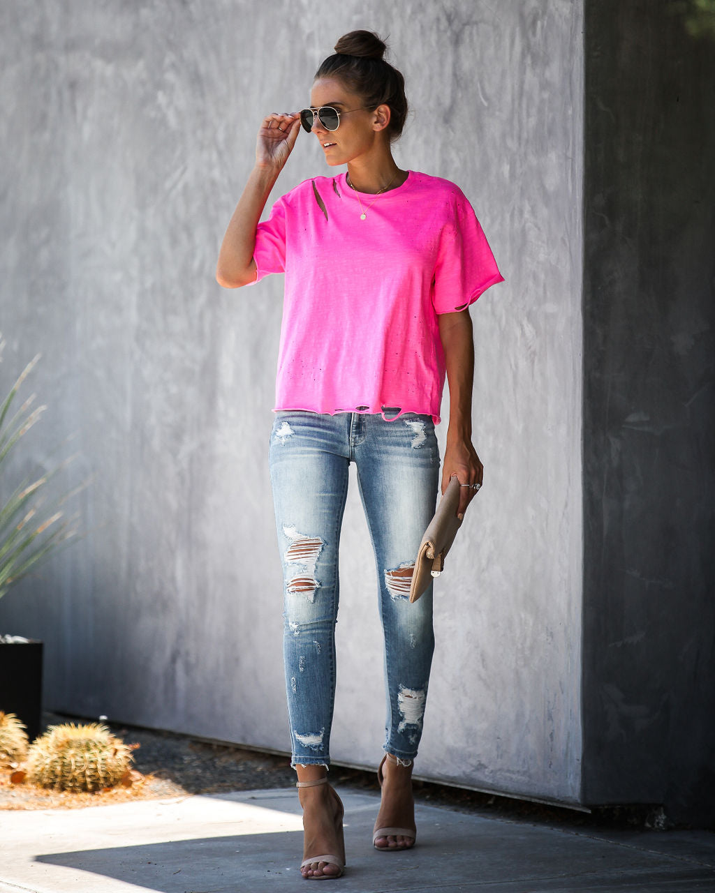 Game On Cotton Distressed Tee - Neon Pink