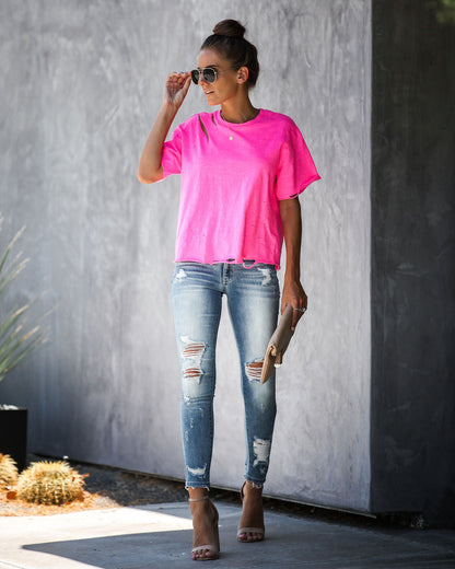 Game On Cotton Distressed Tee - Neon Pink