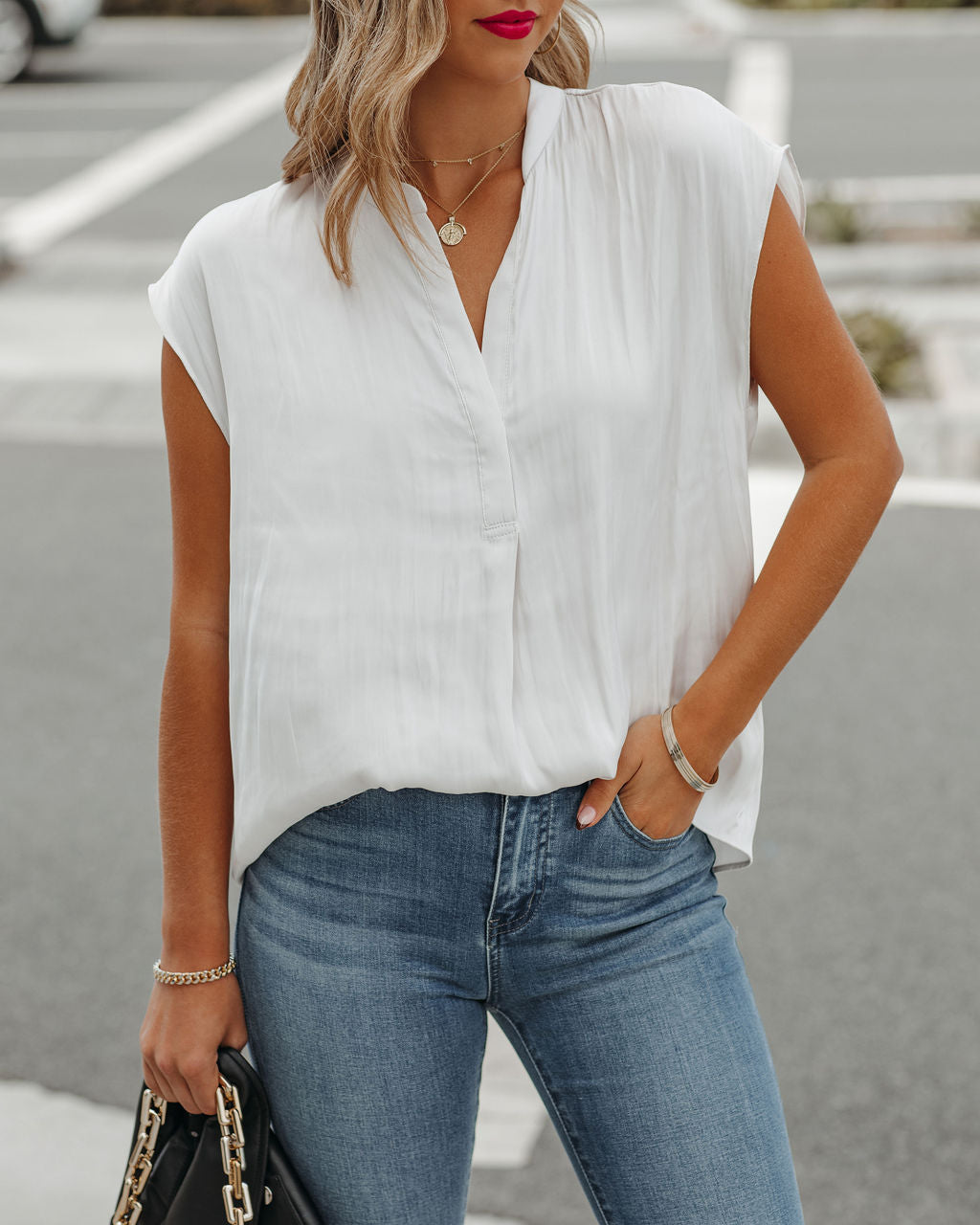 Girona Satin Blouse - Pearl
