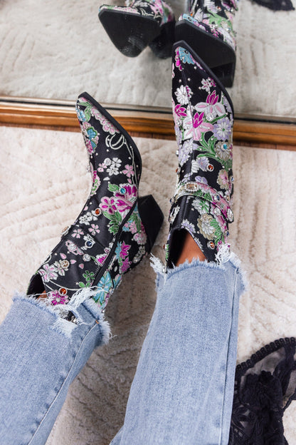 Floral Embroidered Cowboy Booties (Black) FINAL SALE