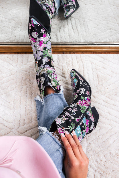 Floral Embroidered Cowboy Booties (Black) FINAL SALE