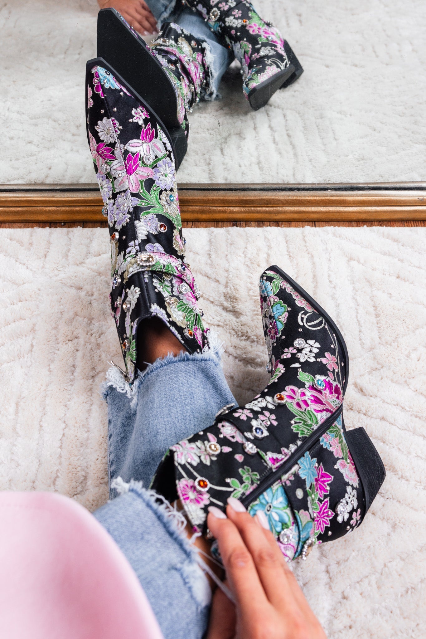 Floral Embroidered Cowboy Booties (Black) FINAL SALE