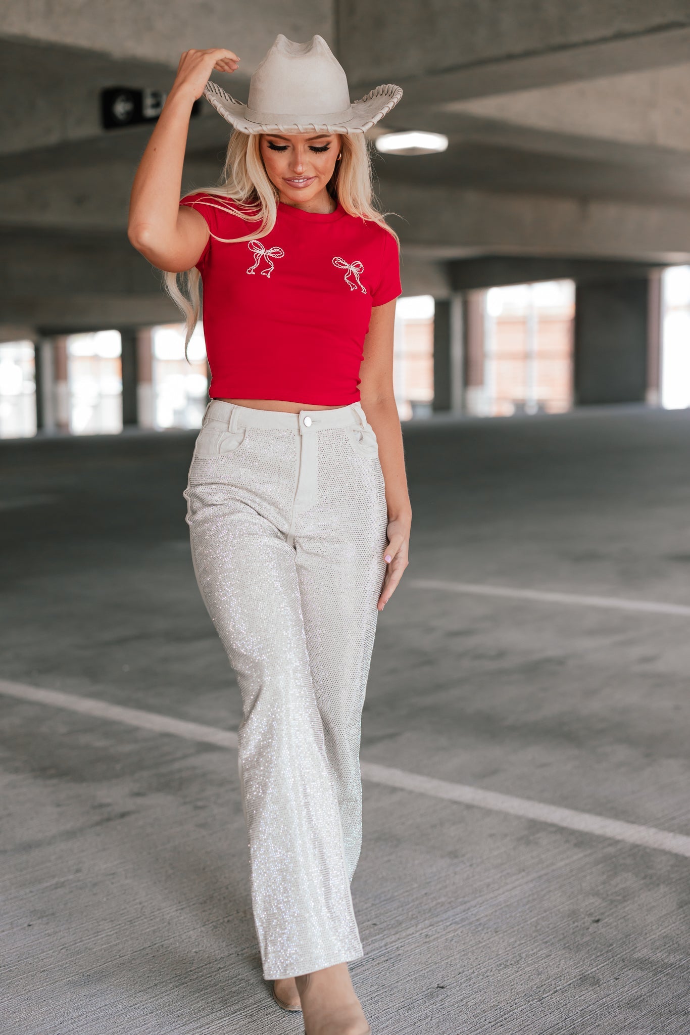 Skylar High Rise Rhinestone Stud Pants (Ivory)
