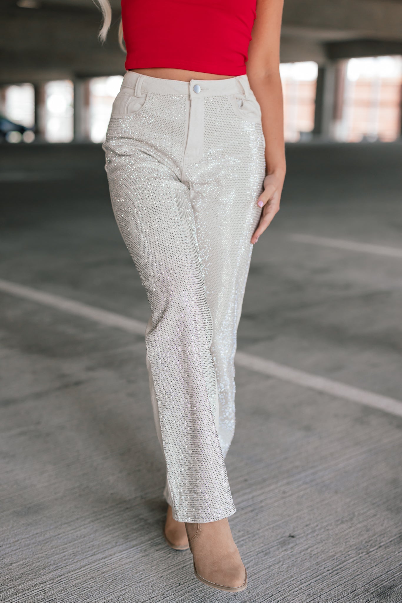 Skylar High Rise Rhinestone Stud Pants (Ivory)