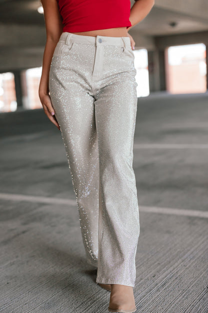 Skylar High Rise Rhinestone Stud Pants (Ivory)