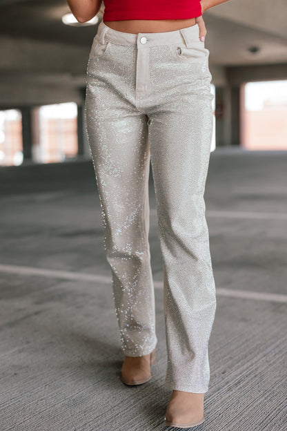 Skylar High Rise Rhinestone Stud Pants (Ivory)