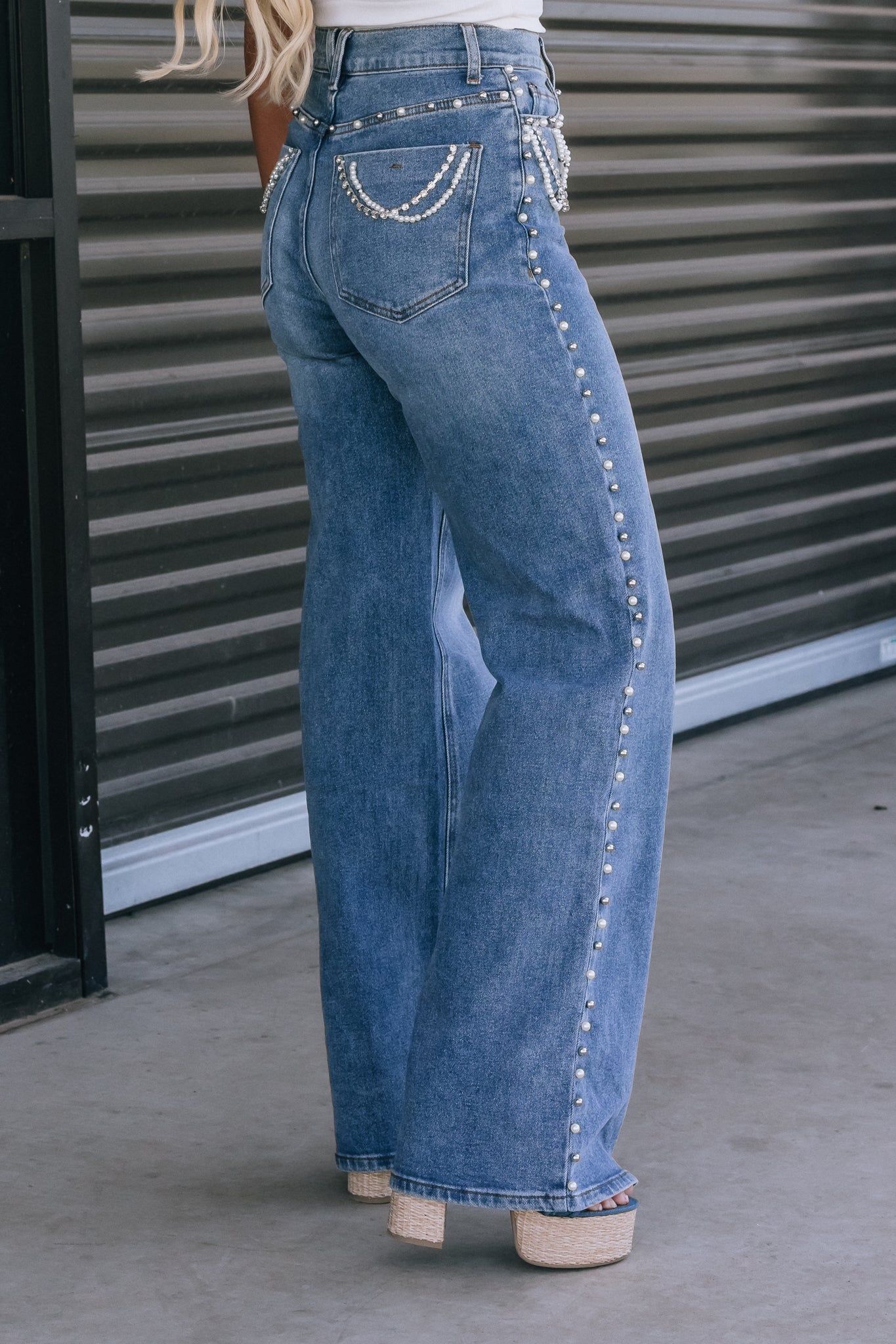 Ember Pearl + Rhinestone High Rise Jeans