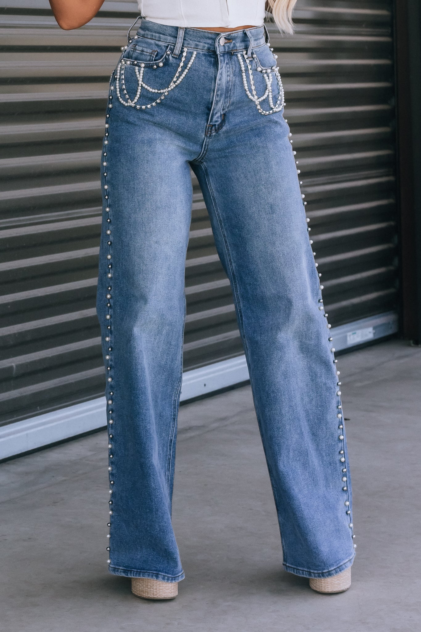 Ember Pearl + Rhinestone High Rise Jeans