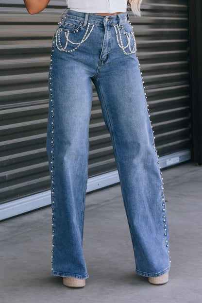 Ember Pearl + Rhinestone High Rise Jeans