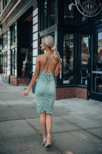 Key West Ruched Mini Dress (Sage) FINAL SALE