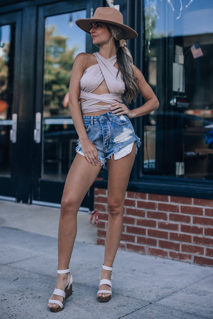 Happy Hour Wrap Crop Top (Stone) FINAL SALE