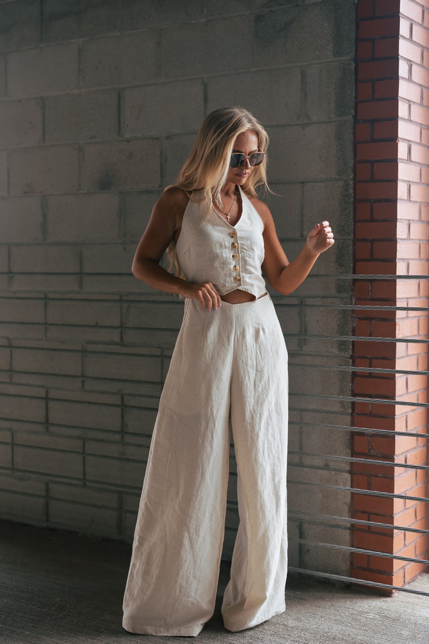 Solid Textured Wide-leg Halter Vest Jumpsuit