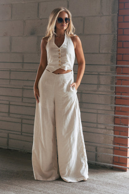 Solid Textured Wide-leg Halter Vest Jumpsuit