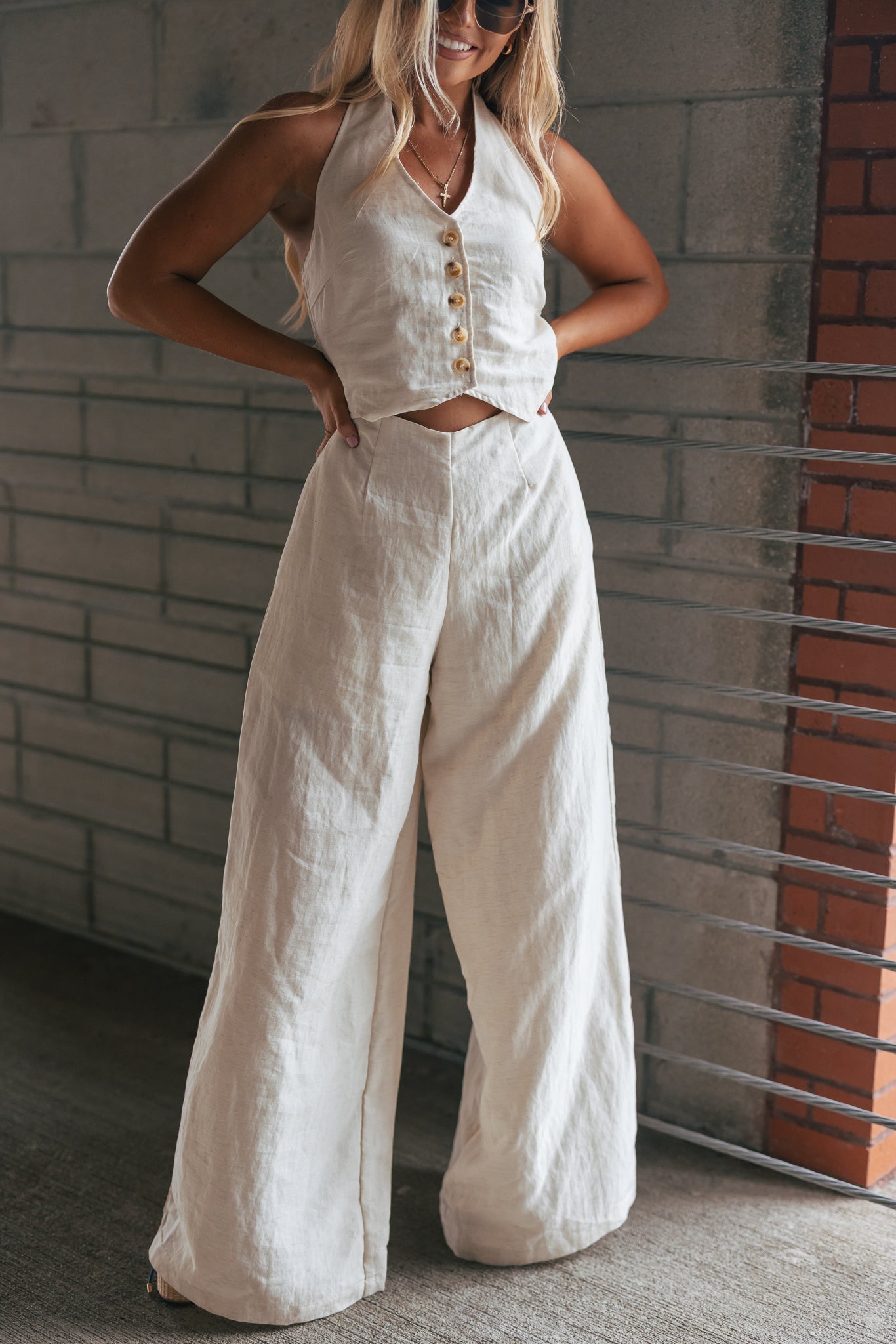 Solid Textured Wide-leg Halter Vest Jumpsuit