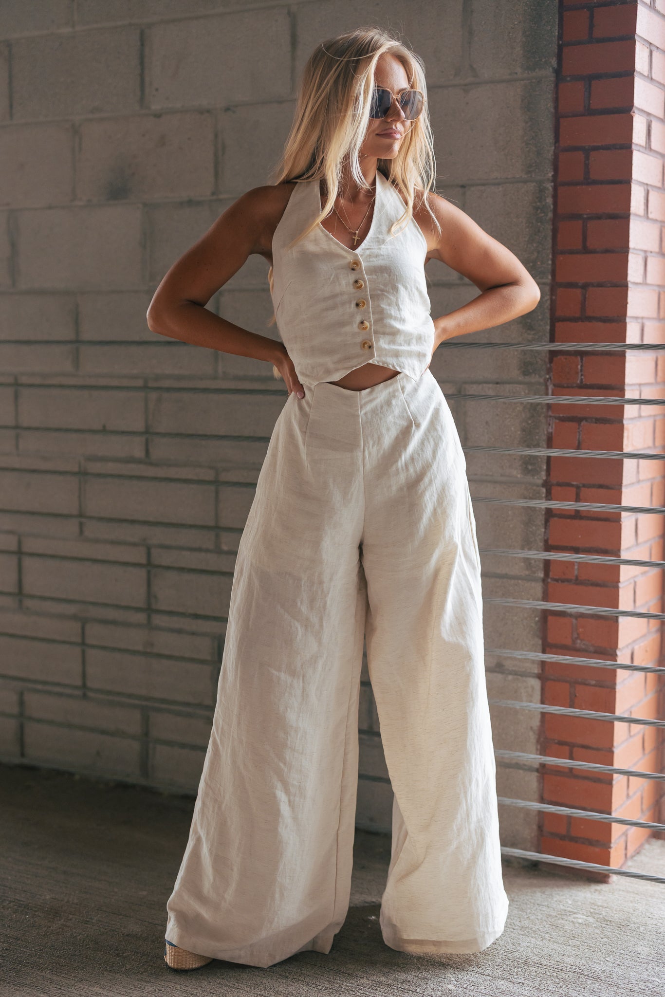 Solid Textured Wide-leg Halter Vest Jumpsuit