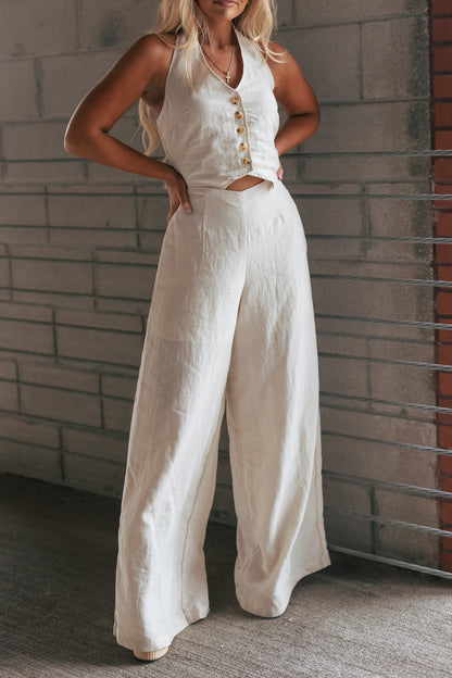Solid Textured Wide-leg Halter Vest Jumpsuit