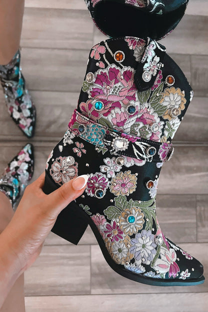Floral Embroidered Cowboy Booties (Black) FINAL SALE