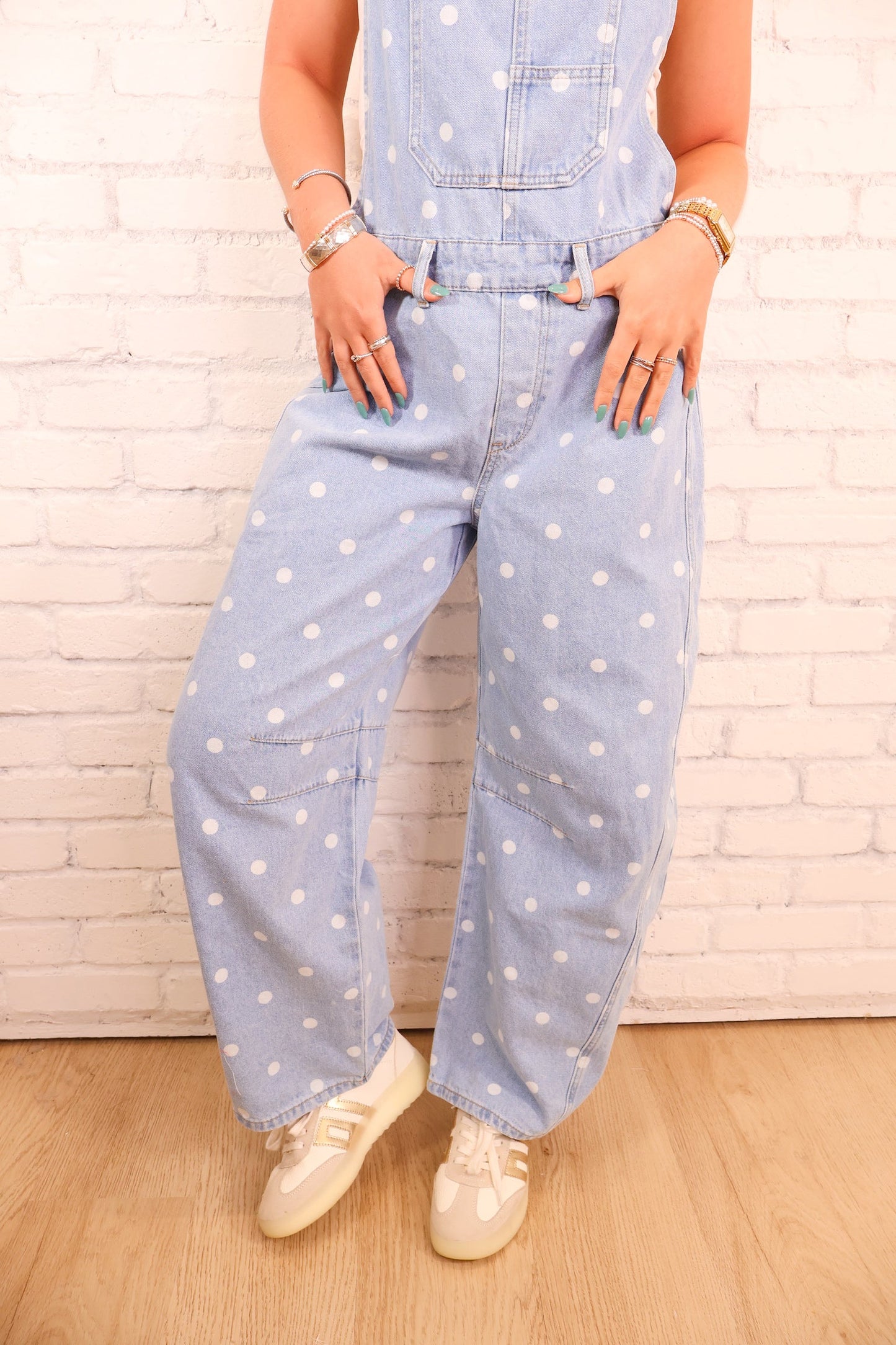 Polka Dot Washed Denim Barrel Overalls