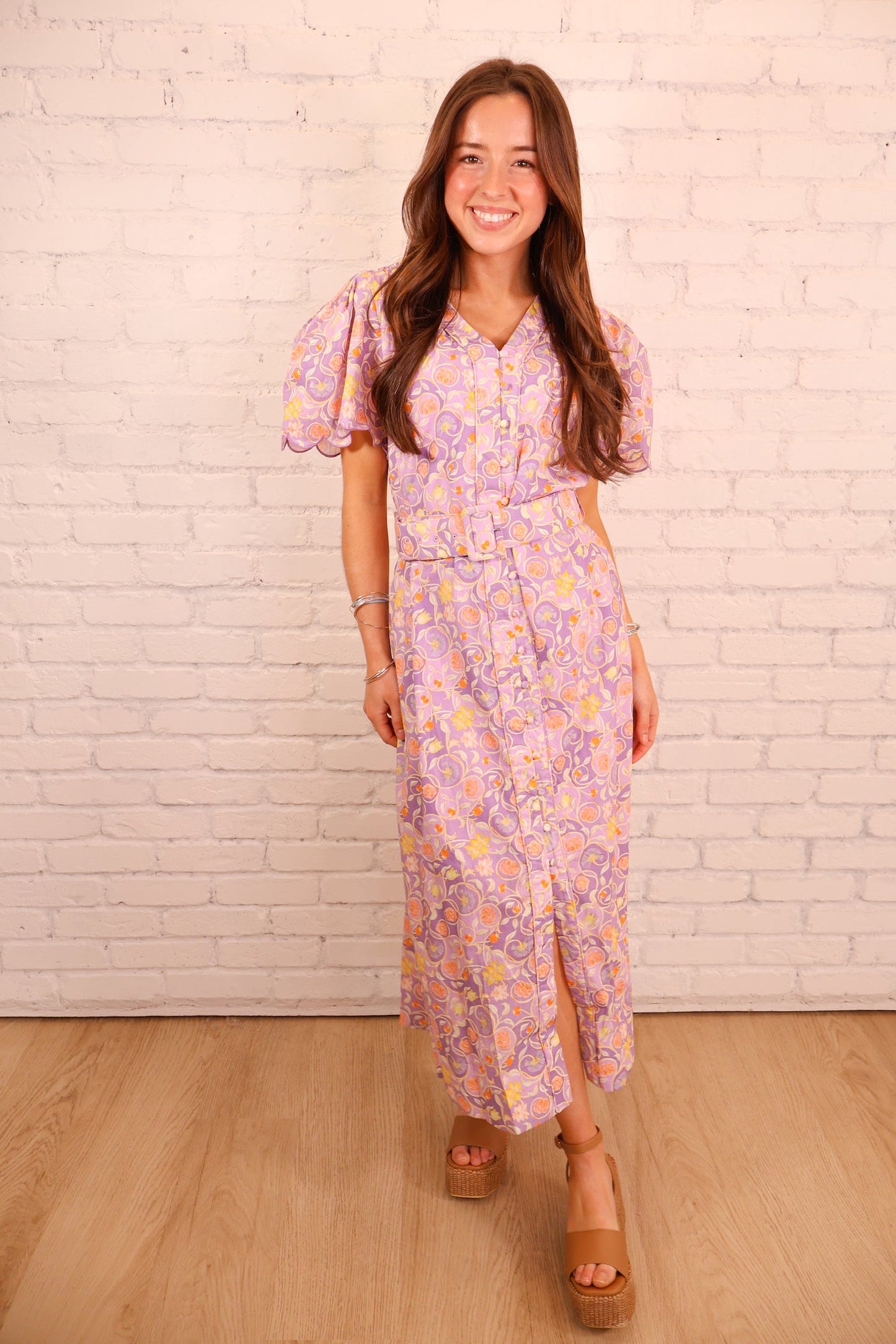 Lavender Floral Belted Midi Dress