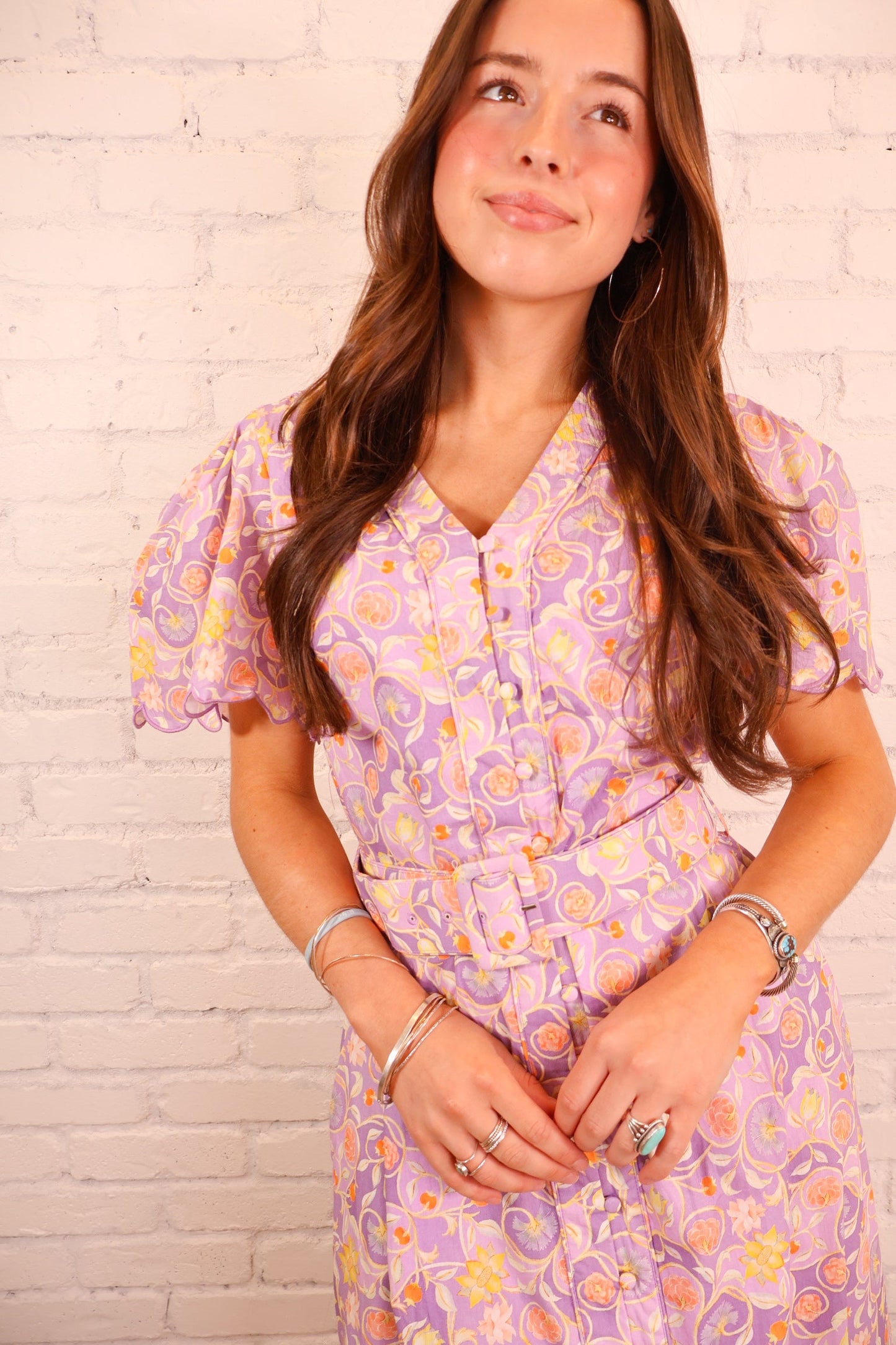 Lavender Floral Belted Midi Dress