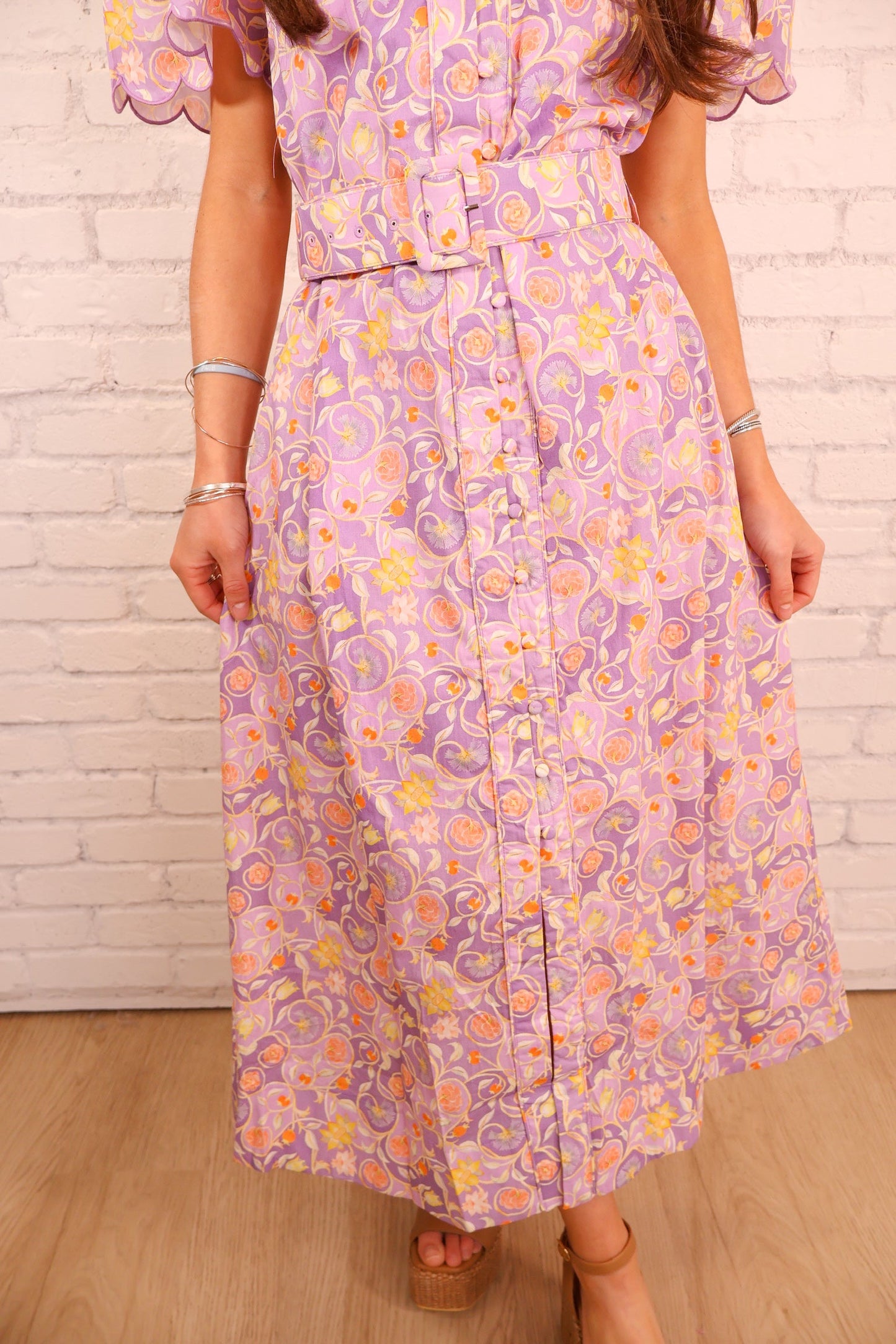 Lavender Floral Belted Midi Dress