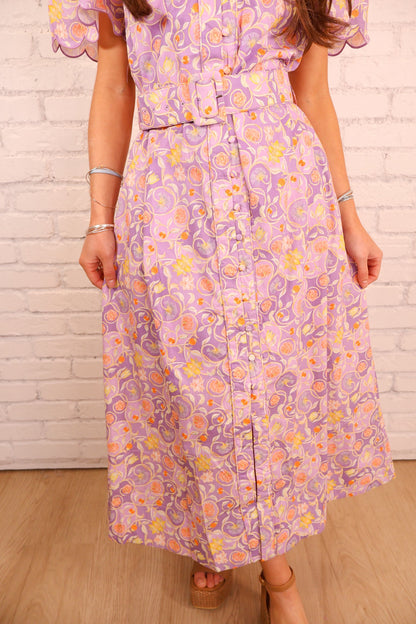 Lavender Floral Belted Midi Dress