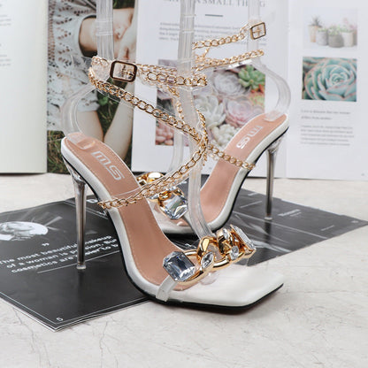 Clear Gem Embellished Square Toe Heels