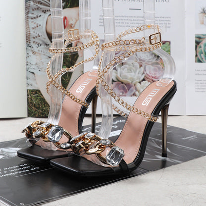 Clear Gem Embellished Square Toe Heels