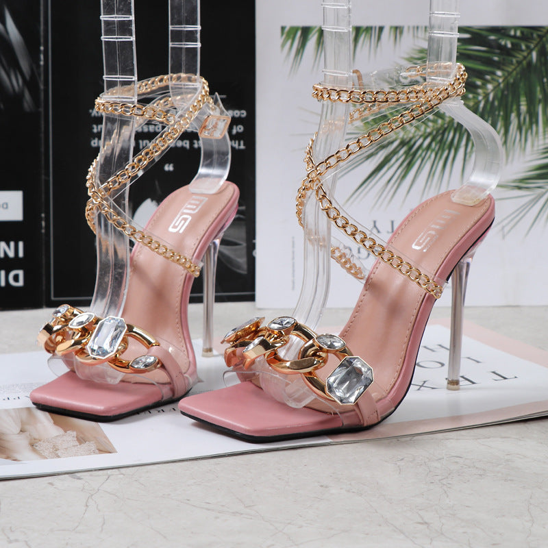 Clear Gem Embellished Square Toe Heels