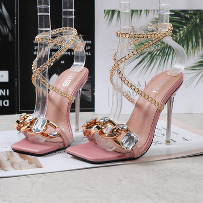 Clear Gem Embellished Square Toe Heels