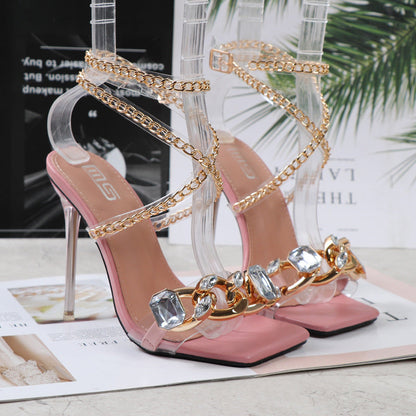 Clear Gem Embellished Square Toe Heels
