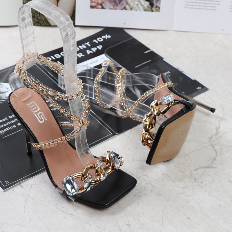 Clear Gem Embellished Square Toe Heels
