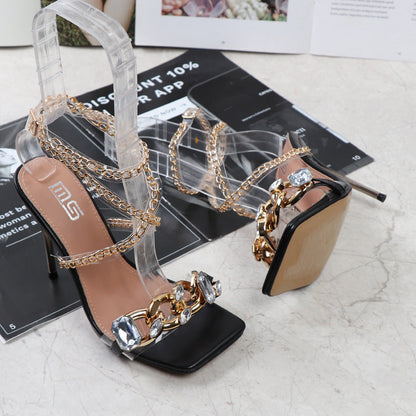 Clear Gem Embellished Square Toe Heels