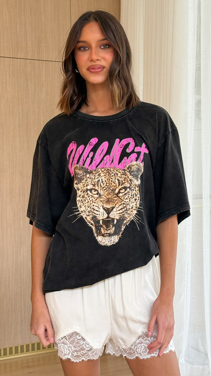 Wild Cat Oversized Tee - Black Acid Wash