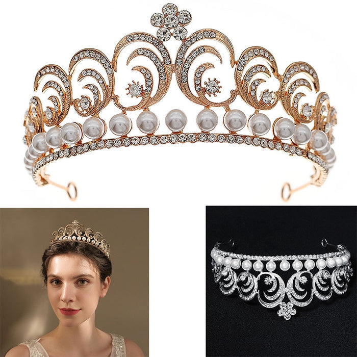 Baroque Swirls Queen Tiara-Crown Adorned with Rhinestones and Simulated Pearl- For Bride or Mis Quince