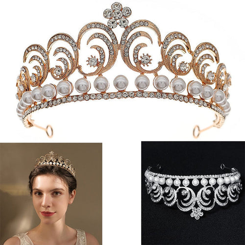 Baroque Swirls Queen Tiara-Crown Adorned with Rhinestones and Simulated Pearl- For Bride or Mis Quince