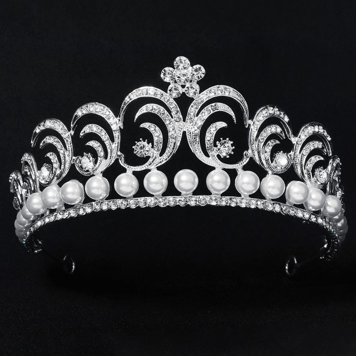 Baroque Swirls Queen Tiara-Crown Adorned with Rhinestones and Simulated Pearl- For Bride or Mis Quince