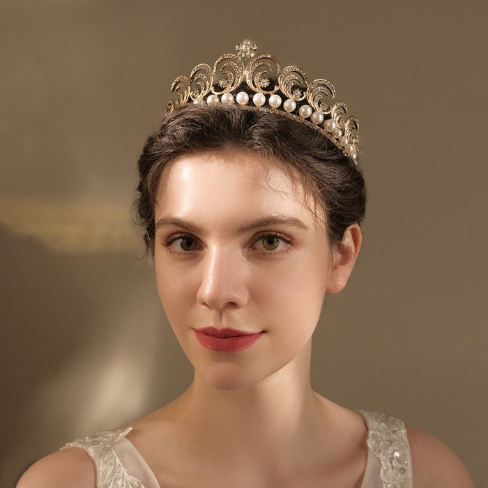 Baroque Swirls Queen Tiara-Crown Adorned with Rhinestones and Simulated Pearl- For Bride or Mis Quince