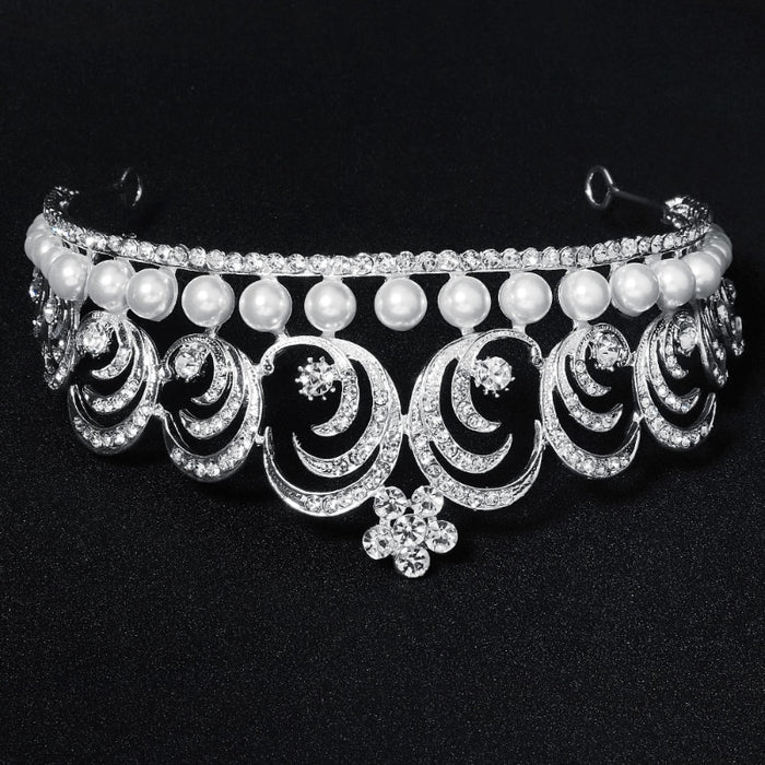 Baroque Swirls Queen Tiara-Crown Adorned with Rhinestones and Simulated Pearl- For Bride or Mis Quince